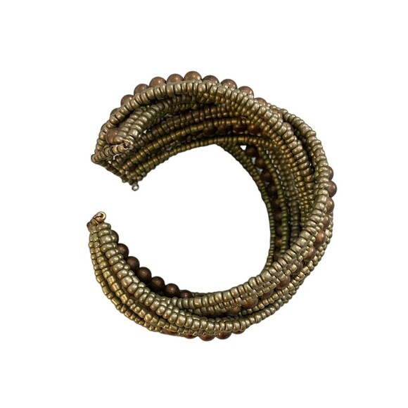 Open Cuff Bracelet Olive Green Bronze Seed Bead Braided Artisan Jewelry 7" - Picture 3 of 4